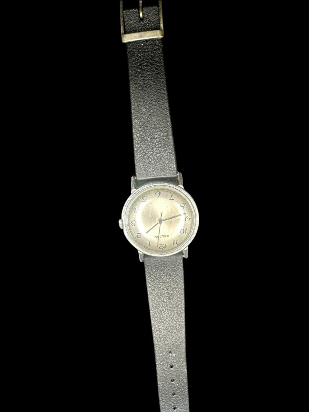 Vintage Kelton Silver Tone Watch Deco Numerals Leather Strap
